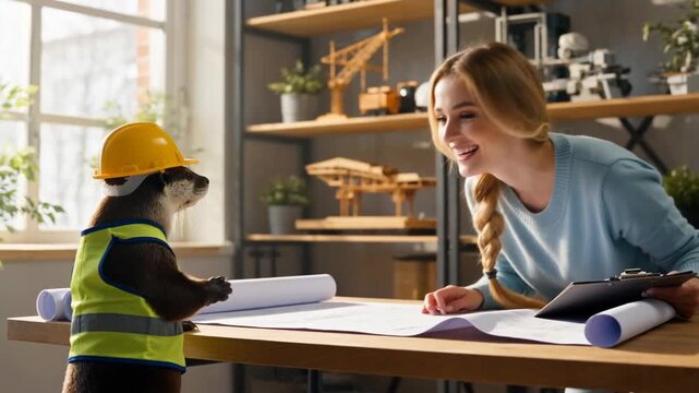 A woman in a cozy workspace smiling and engaging with a small animal wearing a construction hat, surrounded by blueprints and design elements