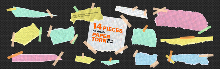 Torn newspaper vector bundle features sticky adhesive tape on color paper rip texture. Kit of cut pieces, note scraps, tear strip shapes for collage. Blank sheet bundle on like transparent png bg. © A_Y_N