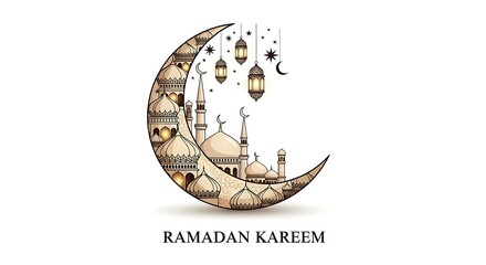 Ramadan Kareem Crescent Moon and Mosque Illustration