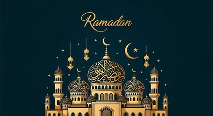 Ramadan Greeting Card with Mosque and Moon