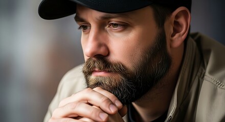 A man with a beard and mustache wearing a cap looks thoughtfully to the side with his hand on his chin