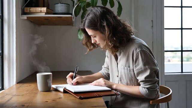 A woman writing in a notebook with a pen while sitting at a wooden desk by a window, with a steaming cup of coffee nearby and greenery in the background