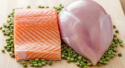 Raw Salmon and Chicken Breast on Peas.