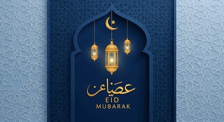 Eid Mubarak Greeting Card with Lanterns and Crescent Moon