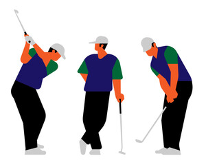 Stylized golfers in different poses showcasing swing, stance, and putting techniques.