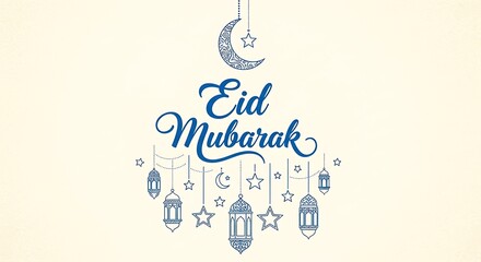 Eid Mubarak Greeting Card with Hanging Lanterns and Crescent Moon