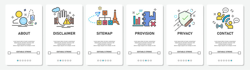 Development website Menu about, disclaimer, privacy, provision, contact. sitemap mobile app screens simple vektor flat design Illustration