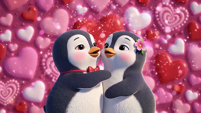 Valentine's Day Penguin Couple - Two cartoon penguins are embracing with their eyes closed against a backdrop of pink and red hearts.