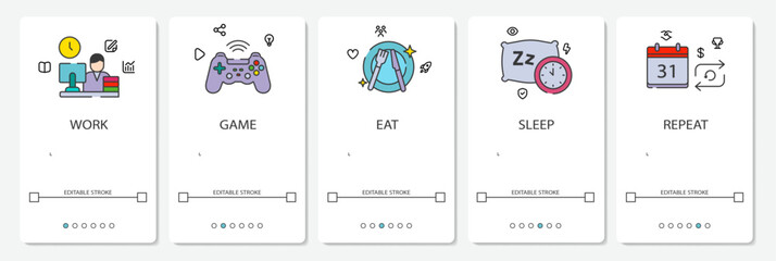 UI Development Digital Menu website, mobile app screens, background simple vektor flat design work game sleep repeat