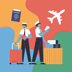 Airline pilot vector with passport, boarding pass, luggage, and airplane in vibrant travel-themed illustration.