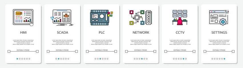 UI Development Digital Menu HMI SCADA PLC NETWORK CCTV SETTINGS status website mobile app screens simple vektor flat design