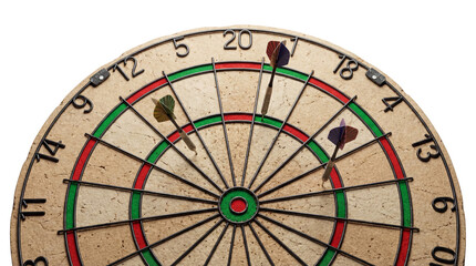 Obraz premium Close-up of a Circular Dartboard with Three Darts Stuck In isolated PNG with Transparent Background