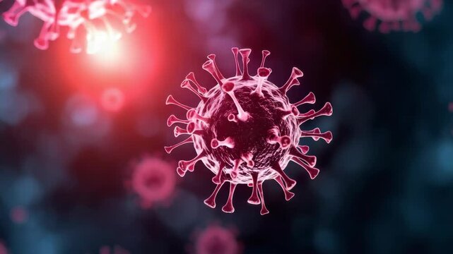 Pink coronavirus particle closeup floating dark bokeh background conveying urgent pathogen