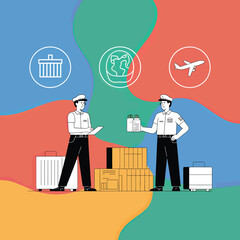 Customs inspection vector with officers, luggage, bottles, and travel icons in colorful international security illustration.