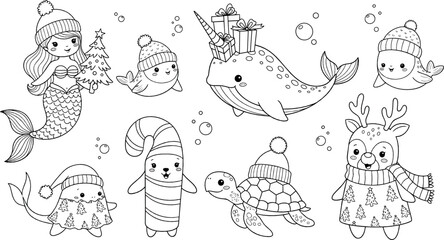 Cute winter ocean and fantasy characters with mermaid, narwhal, turtle, seal, and holiday accessories in black and white coloring page vector style © MstNazma