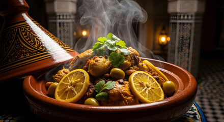Steaming Hot Moroccan Tagine Dish with Lemon.