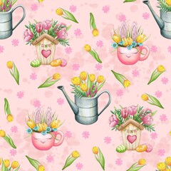 Seamless cottagecore birdhouse and tulip pattern with bows on pastel pink  background. Seamless watercolor pattern with tiny heart-decorated birdhouses, tulip bouquets, ribbon bows and scattered bloom © Anna
