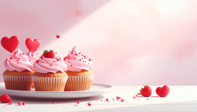 Sweet Valentine's Day cupcakes with pink frosting and heart decorations