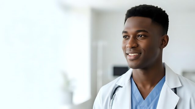 Young African American male doctor in white coat and blue scrubs smiling confidently in modern hospital setting for healthcare marketing materials.