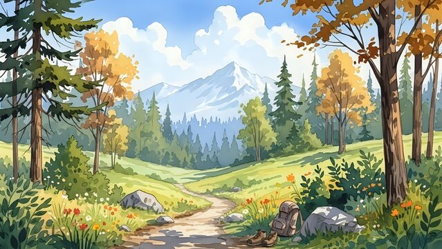 Autumn mountain landscape with winding path through colorful forest, snow-capped peaks and rolling meadows under cloudy sky for nature backgrounds.