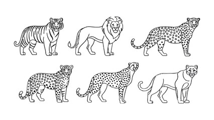 Obraz premium Feline Lineup: A captivating illustration featuring a series of majestic big cats in elegant line art, celebrating the beauty and power of these magnificent creatures.