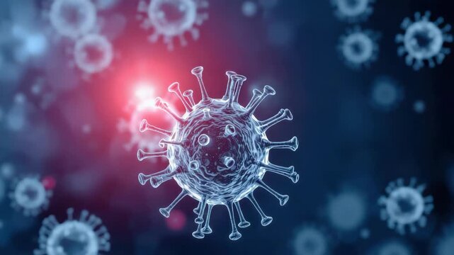 Virus particle illustration biological pathogen closeup microscopic spike with glowing red and blue