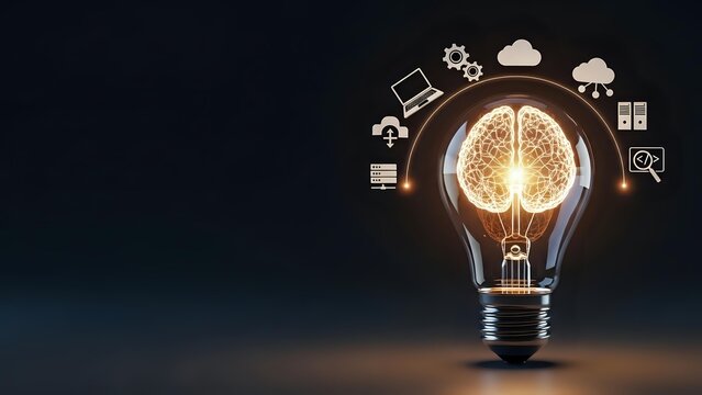 Light bulb with glowing brain inside surrounded by floating innovation icons on dark background representing creative thinking and business ideas.