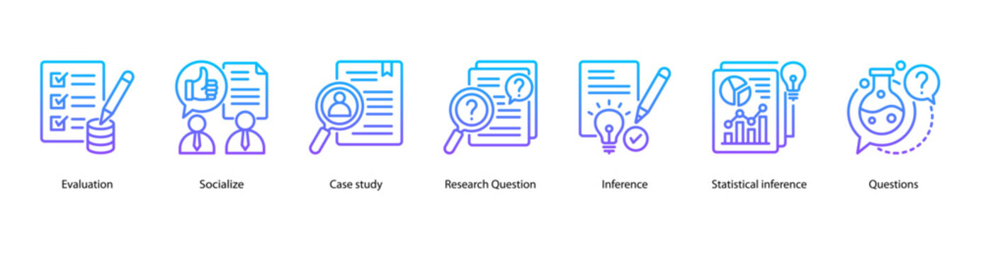 Research and Inquiry web banner icon vector illustration featuring Evaluation, Socialize, Case Study, Research Question, Inference, Statistical Inference, and Questions.