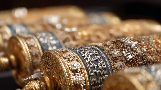 Close-up of ornate, jeweled prayer wheels in a row, showcasing intricate gold metalwork and script