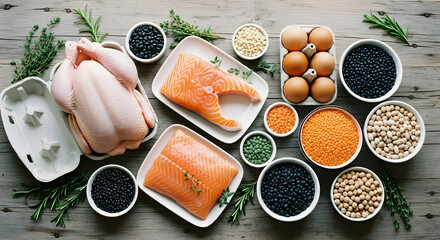 Raw Fish and Various Healthy Food Ingredients.