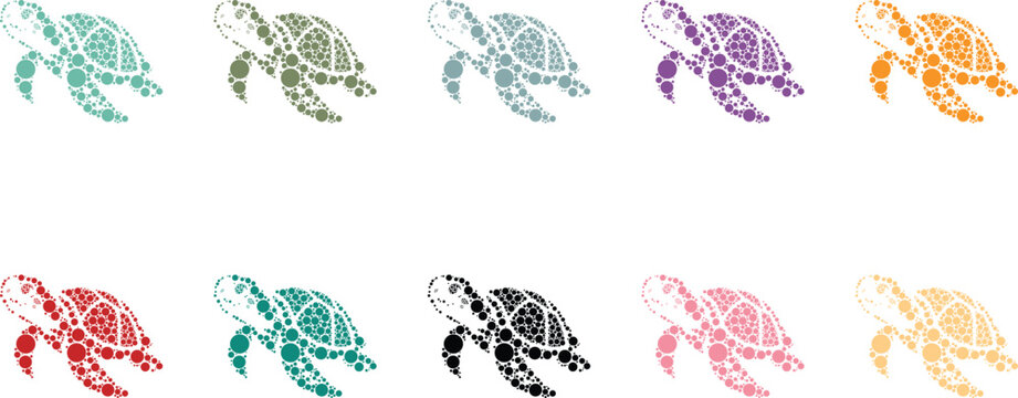 Colorful sea turtle silhouettes made of circles, Ocean turtle mosaic animals in bright dots