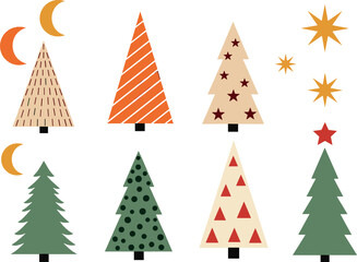 Fototapeta premium Minimal Christmas tree set with stars, moons, and geometric patterns in modern Scandinavian style for winter holidays and vector illustrations