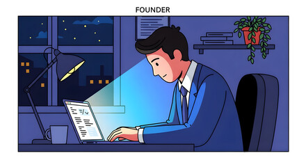 a dedicated male founder working late on his laptop with a warm screen glow in a dark office ambiance, hand-drawn digital art depicting professional dedication.