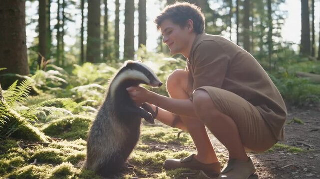 A young man joyfully interacting with a badger in a sunlit forest full of lush greenery and ferns