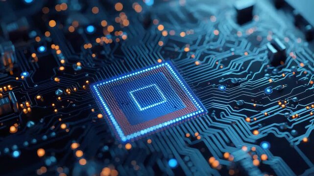 Glowing microchip circuit board with blue and orange lights evoking futuristic semiconductor