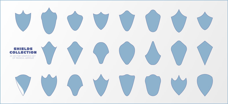 Shields collection set. Medieval heraldry crest emblems and armor badge shapes for coat of arms, fantasy RPG, game UI, logos and branding. Editable vector	