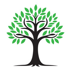 Fototapeta premium This image displays a stylized, minimalist illustration of a tree, set against a plain white background. The thick trunk and branches are solid black, forming a symmetrical structure. Simple, bright 