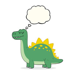 Fototapeta premium Cartoon dinosaur lost in thought with thought bubble