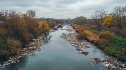 Polluted river flowing through a landscape.  Garbage and debris litter the water