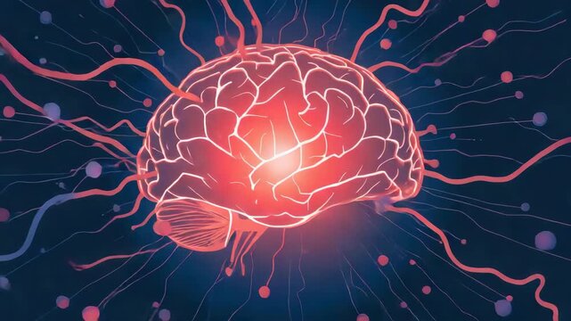 Glowing human cortex illustration with neural pathway, neuron synapse connections and dynamic