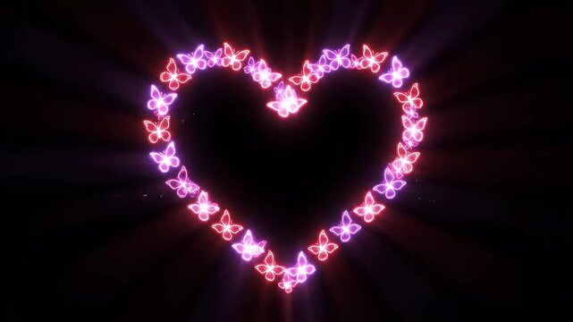 Neon Butterfly Heart - A heart shape is formed by neon butterflies glowing in shades of pink and purple against a black background. Smaller neon butterflies fly around the perimeter of the heart.