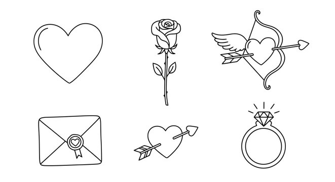 Collection of romantic symbols including hearts rose arrow envelope and engagement ring clean line art elements for design
