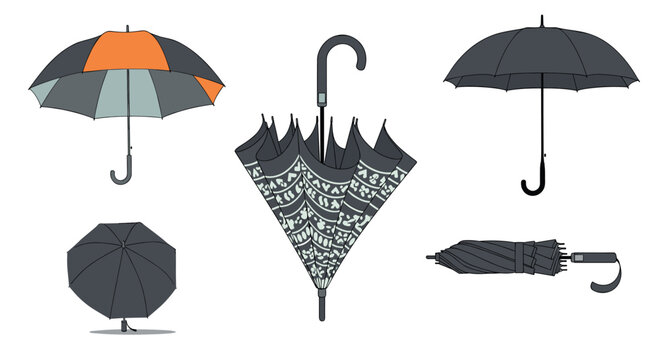 Collection of different black and patterned umbrellas shown in various states from fully open to closed and folded on a white background.
