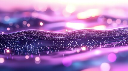 Abstract purple digital wave with glowing particles and bokeh lights creating futuristic technology background for presentations and modern designs.