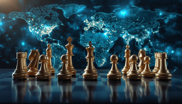 A chess set is arranged on a board with a world map in the background, symbolizing global strategy and business planning.