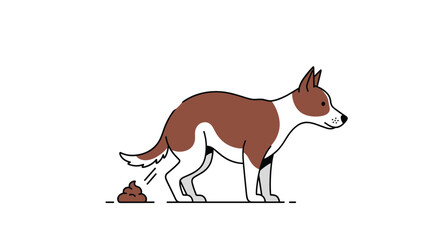 Side view of a brown and white dog pooping on the ground, representing pet ownership responsibilities and hygiene in public spaces.