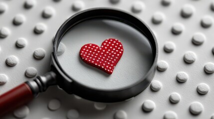 A magnifying glass focuses on a small, red heart with white polka dots, resting on a textured gray surface.