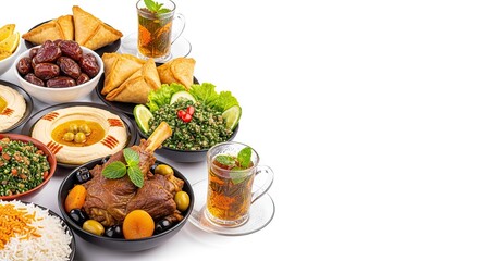 Traditional Middle Eastern Iftar feast with lamb, hummus, tabbouleh, dates and mint tea