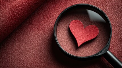 A red heart shape is magnified by a black magnifying glass, resting on textured red material.