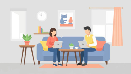 Two people sit on a couch, each using a laptop